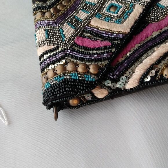 EUC Multicolored Handmade India Glass Beaded Boho Cotton & Leather Snap Clutch - Picture 8 of 13